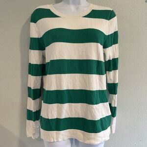 J Crew Teddie Sweater Medium Kelly Green Cream Stripes Rugby Preppy Classic